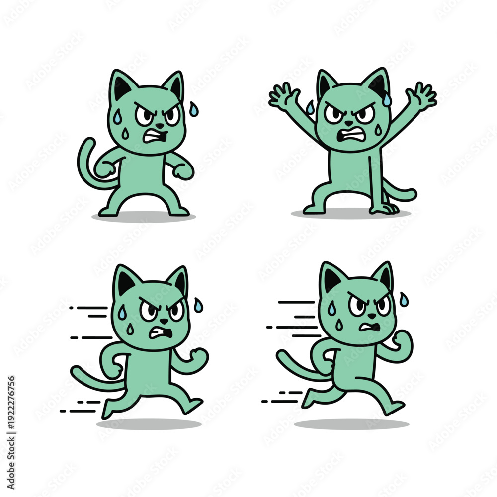 Fototapeta premium Angry cartoon cat expressing frustration and anxiety in various poses with copy space
