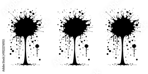 Artistic ink drops and splashes with blotter spots and liquid paint drips creating dirty grunge abstract textures for creative compositions