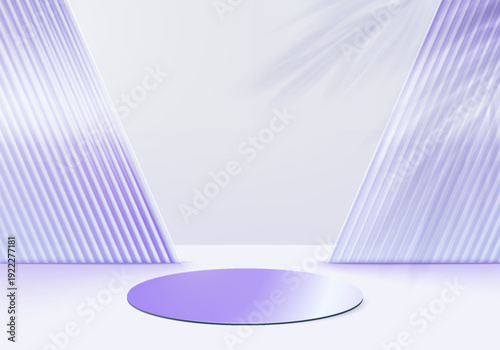 3d glass background products display podium scene with violet platform. background vector 3d rendering with podium. stand to show cosmetic products. Stage showcase on pedestal display purple studio