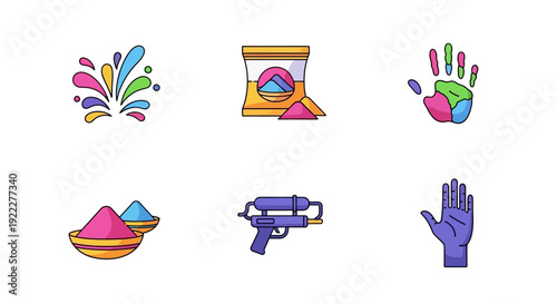 A colorful icon set depicting Holi Festival symbols, including powder, hand, and character designs, against a clean white background with a joyful and celebratory mood.