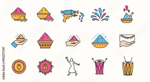Colorful Holi Festival icon pack with various illustrations of people, characters, and objects celebrating the holiday with powder and water, set against a clean white background.