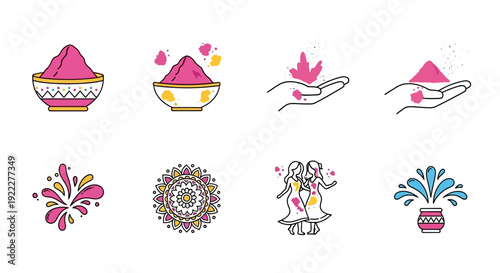 Colorful Holi Festival icon set with powder and character designs on a white background, featuring business and art illustrations.