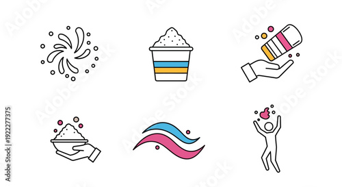 A colorful icon pack featuring six Holi Festival illustrations including powder, people, and design elements in a vector style against a clean white background.