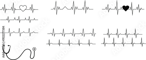 Heartbeat ECG waveform set, pulse lines with heart icons and stethoscope for medical health design