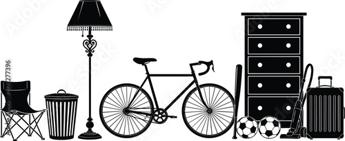 Household and travel objects silhouette set including bicycle, floor lamp, dresser, suitcase, soccer balls and waste bin on white background
