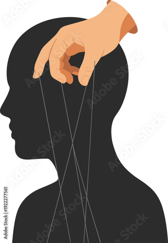 Mind control manipulation concept vector illustration, human head silhouette with puppet strings and controlling hand psychology symbol dark behavior design