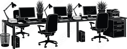 Modern office workspace silhouette with desks computers chairs and plants, professional interior flat vector illustration for business and corporate design