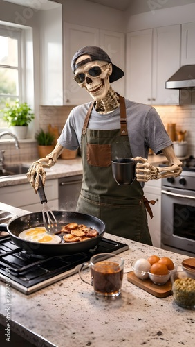 Skeleton Chef Making Breakfast and Coffee in Modern Kitchen – Funny Halloween Morning Concept