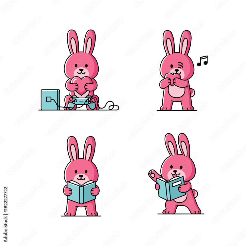 Fototapeta premium Pink cartoon bunny enjoying music and reading in various poses with copy space