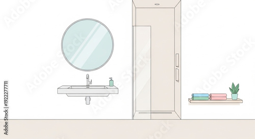 Modern Bathroom Sink with Round Mirror and Towels on Shelf.