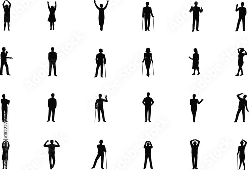 People silhouettes vector illustration, men and women standing and posing icons set for lifestyle, communication and human activity design