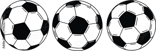 Soccer balls set, classic football sports equipment, black and white game balls collection, team play concept, flat vector illustration