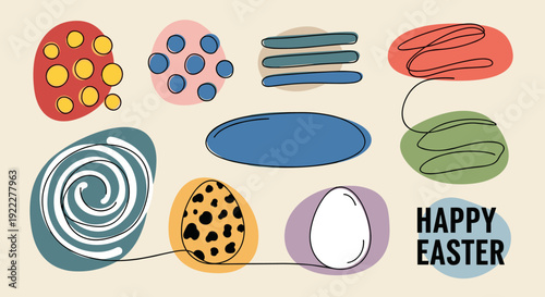 A collection of colorful abstract Easter-themed shapes and patterns in a modern vector style, perfect for greeting cards and festive designs