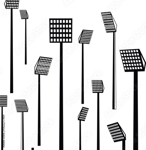 Solar powered street light silhouette set, renewable energy outdoor lighting poles flat vector illustration for eco city and sustainable design projects