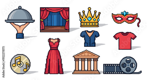 A collection of theater and performance icons including a hand holding a cloche, a stage, a crown, and a dress in flat geometric vector style, perfect for event and entertainment branding