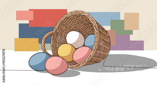 A wicker basket filled with colorful eggs in a minimalist vector style, suitable for Easter celebrations and spring-themed designs
