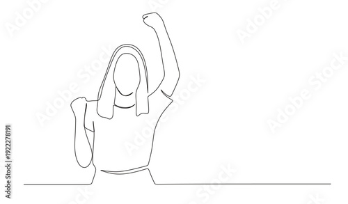 Continuous line art of a woman raising his hands and showing great joy. This drawing is to commemorate the international day of happiness.