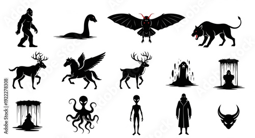 Collection of Mythical Creatures and Cryptids Silhouettes.