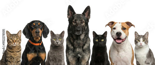 Seven domestic pets, including four dogs and three cats, sitting in a row on a white background