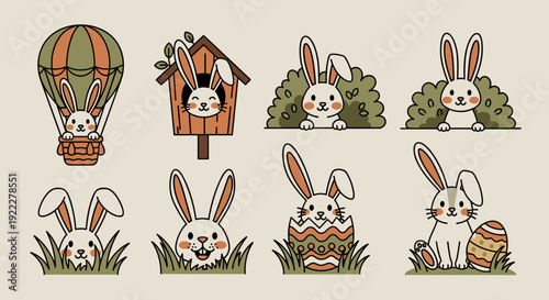 A collection of cute bunny illustrations including a hot air balloon, rabbits in various poses, and Easter eggs in a playful vintage vector style, ideal for spring-themed designs and holiday projects