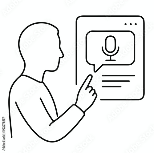 Minimalist line art depicts a user interacting with a digital voice assistant, representing speech recognition technology and smart device control for modern interfaces.