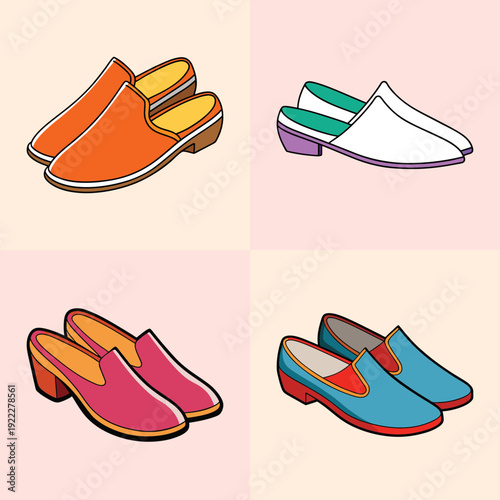Colorful Mule Shoes Set Flat Design Vector Illustration