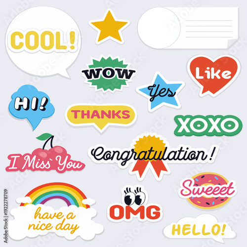 Collection of colorful chat stickers and speech bubbles with various expressions.