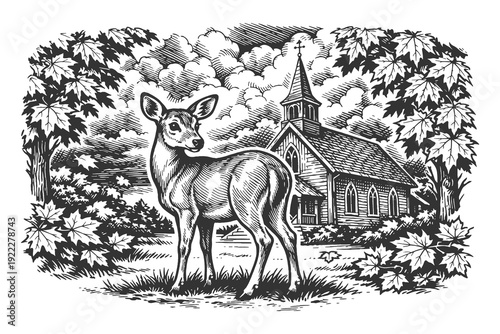Graceful Deer Standing in a Forest Glade with a Small Country Church in a Detailed Hand Drawn Vintage Engraving Style Vector Illustration.