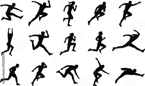 Flat vector illustration of sixteen running and jumping human silhouettes arranged in grid pattern, dynamic athletic motion, sports biomechanics design concept