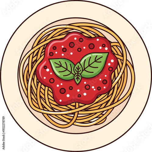 Flat vector illustration of spaghetti pasta plate, tomato sauce topping, basil garnish, Italian cuisine food design, decorative cartoon art