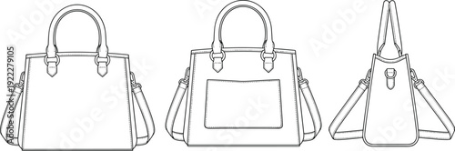 Handbag technical line drawing illustration, front, back, and side views, pocket detail, stitching, clasp, fashion accessory, vector artwork