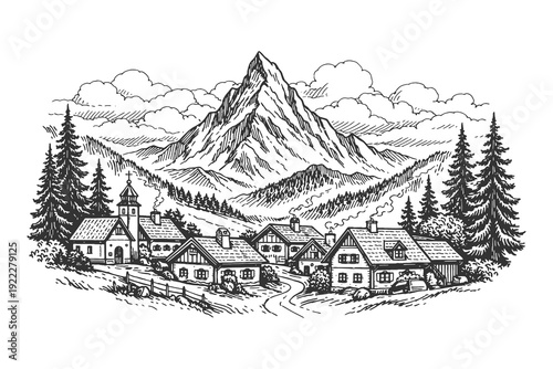 Scenic Alpine Village with Church and Mountain Peaks in Detailed Woodcut Engraving Style, European Rural Landscape Vector Illustration for Travel Design.