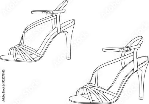 High-heeled sandals line drawing illustration, stiletto heel, ankle strap buckle, crisscross straps, elegant fashion footwear vector artwork