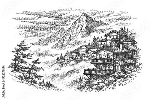 Alpine Mountain Village Nestled in Clouds with Traditional Houses in Detailed Line Art Engraving Style, European Highland Landscape Vector Illustration.
