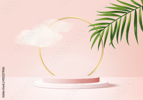 Background vector 3d pink rendering with podium and minimal cloud scene, minimal product display background 3d rendered geometric shape sky cloud pink pastel. Stage 3d render product in platform