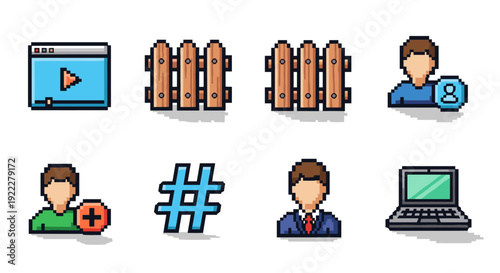 A collection of pixel art icons including a video player, wooden fence, user profiles, hashtag, and laptop in vibrant vector style, ideal for digital design projects