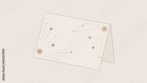 Greeting card with colorful stars and constellations on beige background folded design