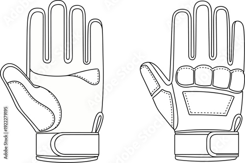 Protective gloves line drawing illustration, palm and back views, reinforced stitching, padding, wrist strap, sports safety gear vector artwork