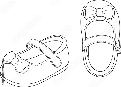 Children’s Mary Jane shoes line drawing, top and side views, decorative bow, strap with buckle, kids footwear, fashion vector artwork