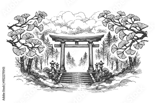 Traditional Japanese Torii Gate with Stairs and Trees in Detailed Line Art Engraving Style, Zen Landscape Vector Illustration for Asian Culture Design.