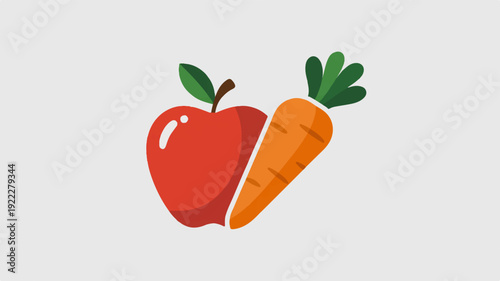 Fresh apple and carrot healthy snack fruit and vegetable nutrition wellness eating raw food organic diet green leaves red apple orange carrot white background