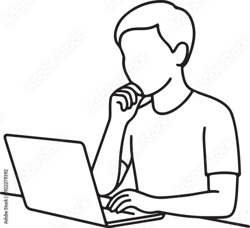 A young man sits focused at a desk, deeply engrossed in thought while working on his laptop, problem-solving.