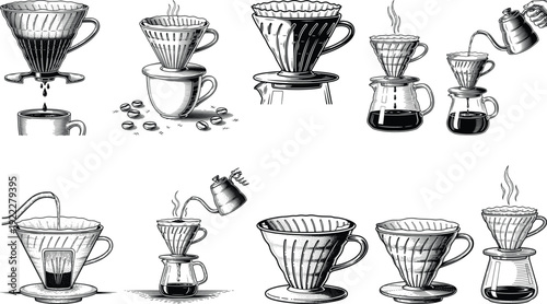 Hand Drawn Pour Over Coffee Dripper Set Vintage Engraved Vector