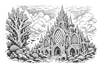 Keuken achterwand Zeemeermin Onderwaterkasteel met zeemeerminpaleis lijntekening  © Chairul