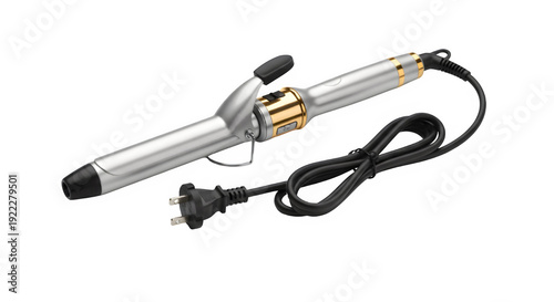 Hair curling iron with power cord and gold accents