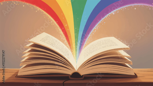 Open book with rainbow colors emerging from pages on wooden desk in warm lighting