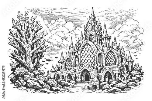 Underwater Coral Castle with Ornate Windows and Sea Life in Detailed Line Art Engraving Style, Fantasy Mermaid Palace Ocean Vector Illustration.