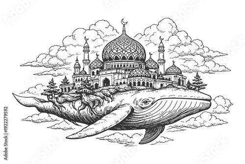 Surreal Giant Whale Carrying a Grand Mosque with Domes and Minarets in Detailed Woodcut Engraving Style, Fantasy Islamic Architecture Vector Illustration.