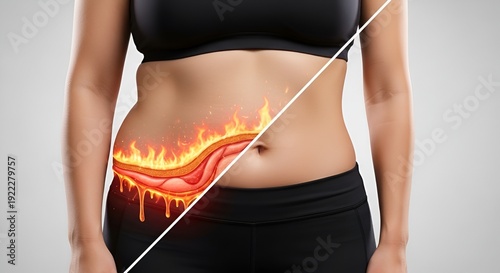 Before and after comparison of a womans waistline showing fat burning process.