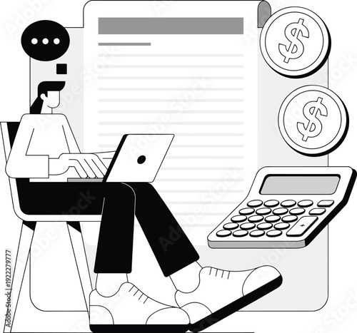 Freelancer managing online finances with laptop, flat vector illustration of remote work, digital accounting, income tracking, financial technology concept